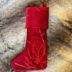 Crate & Barrel Red Poinsettia Stocking Velvet and Wool